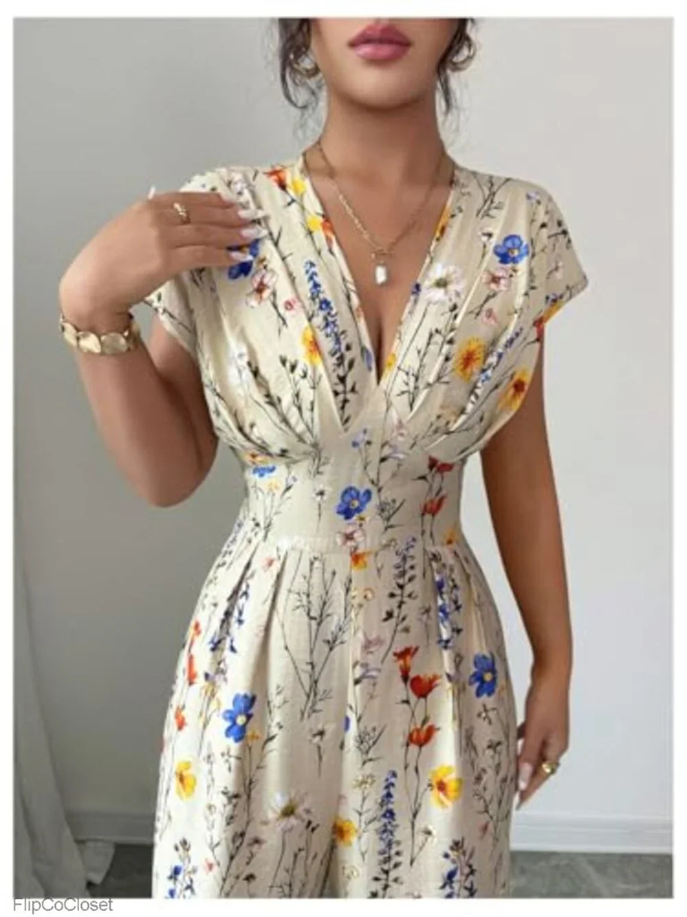 Women's Floral V-Neck Cap Sleeve Wide Leg Jumpsuit Romper